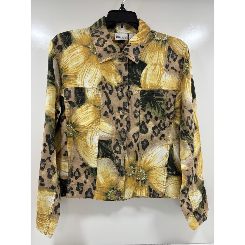 Chico's Linen Jacket Women's Size Small Leopard Print Floral Shacket‎
